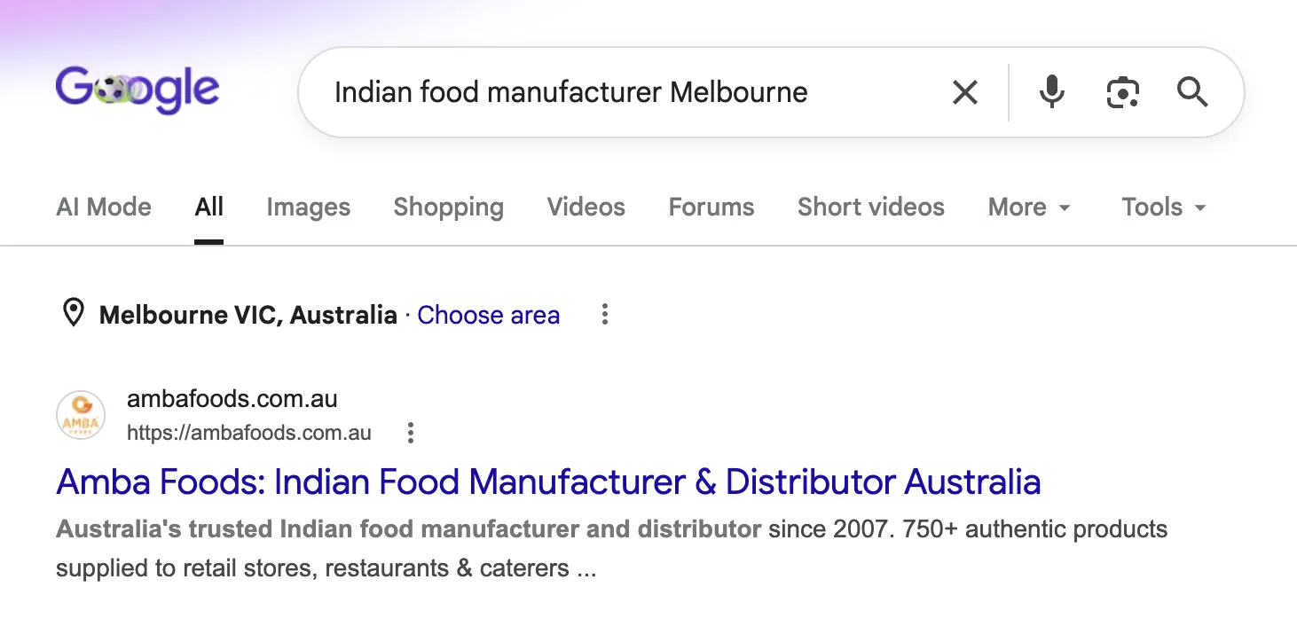 Google search results showing Amba Foods ranking #1 for Indian food manufacturer Melbourne